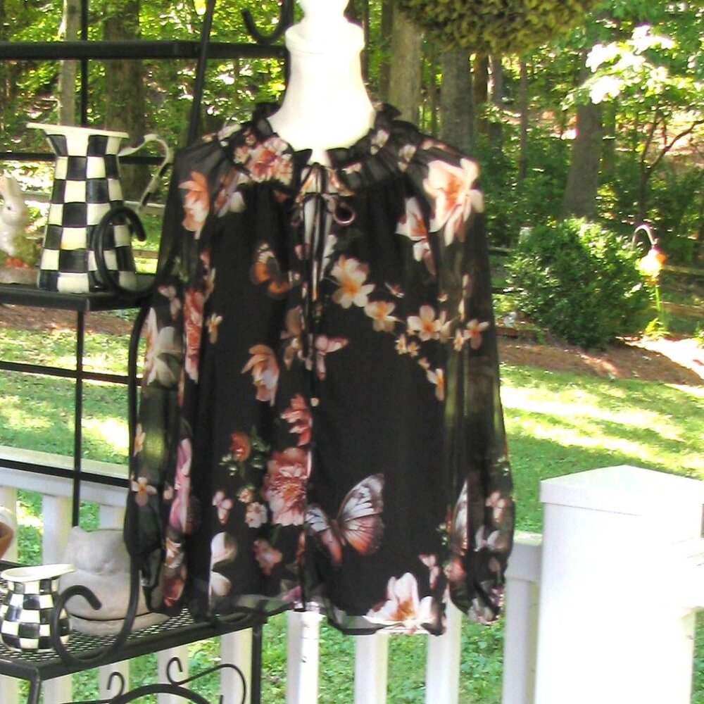 Joie black floral butterfly top shirt blouse Large polyester soft luxury style - Picture 2 of 8